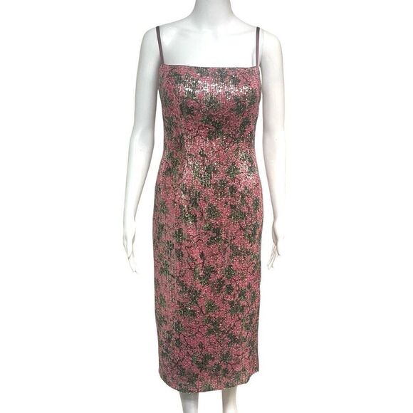 Azazie Dresses & Skirts - Azazie Atelier Pink Floral Sequin Adjustable Strap Side Slit Print MIDI Dress Sz